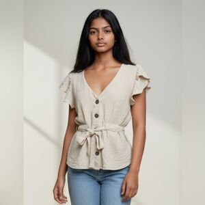 L.I.F.E. Love Is For Eternity - Cream Front Tie, Button Neck Blouse Sz XL NWT